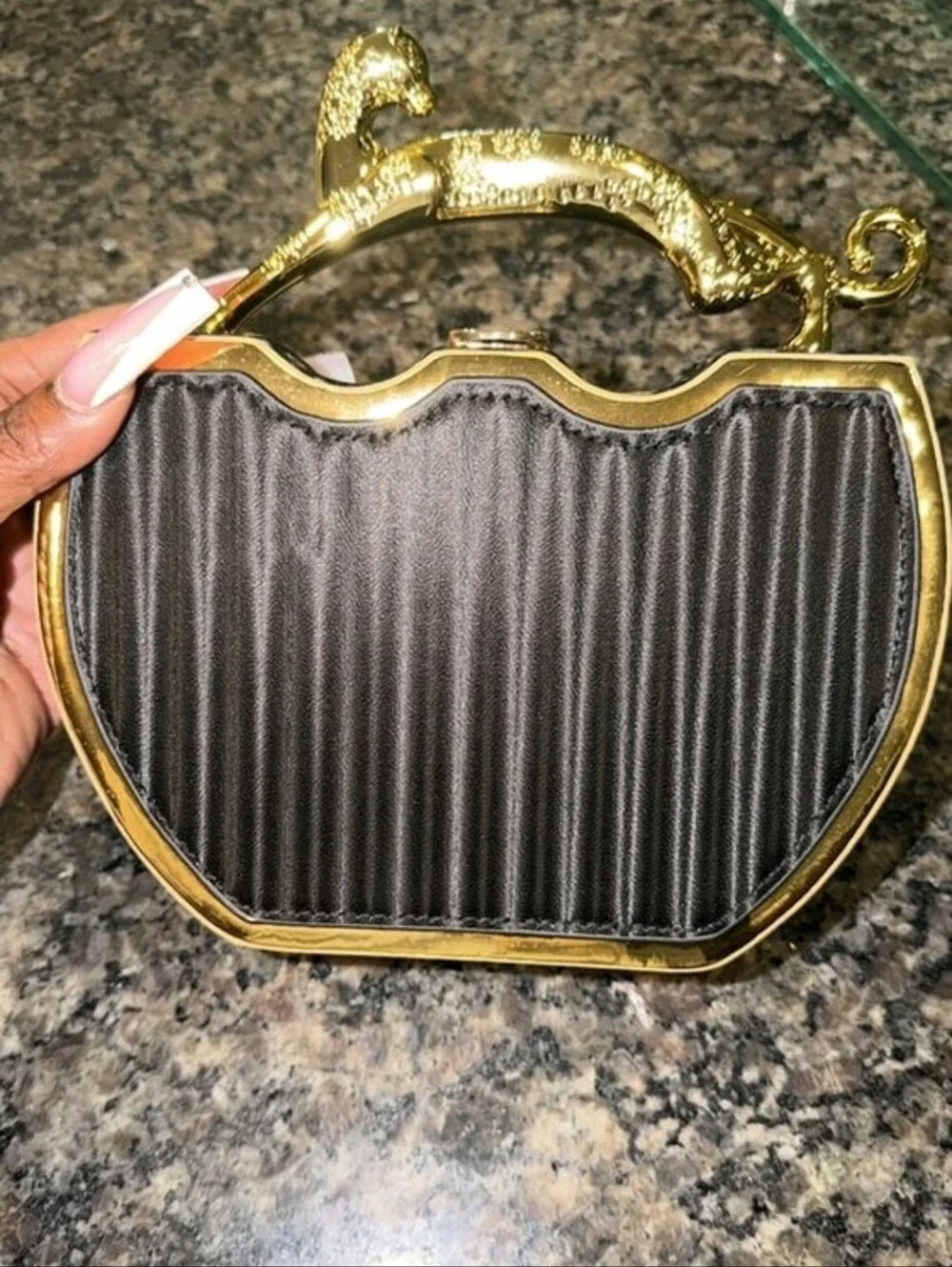 Black Heart-Shape Evening Clutch with Gold Panther Handle